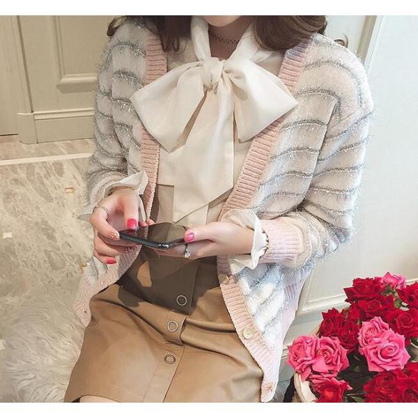 レディース　カーディガン　ニット　ボーダー　セーター　ジャケット　アウター　羽織　長袖　トップス　カジュアル　キュート　大人　可愛い　大人女子　フェミニン　おしゃれ　お出かけ　オフィス　デイリー　普段着　ブルー　ピンク　レッド　フリーサイズ　送料無料