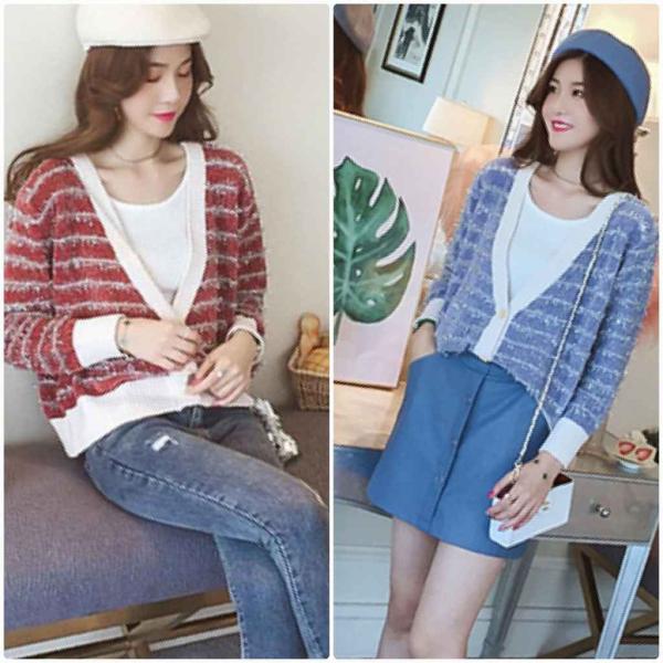 レディース　カーディガン　ニット　ボーダー　セーター　ジャケット　アウター　羽織　長袖　トップス　カジュアル　キュート　大人　可愛い　大人女子　フェミニン　おしゃれ　お出かけ　オフィス　デイリー　普段着　ブルー　ピンク　レッド　フリーサイズ　送料無料