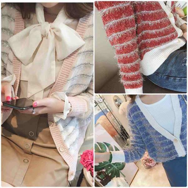 レディース　カーディガン　ニット　ボーダー　セーター　ジャケット　アウター　羽織　長袖　トップス　カジュアル　キュート　大人　可愛い　大人女子　フェミニン　おしゃれ　お出かけ　オフィス　デイリー　普段着　ブルー　ピンク　レッド　フリーサイズ　送料無料