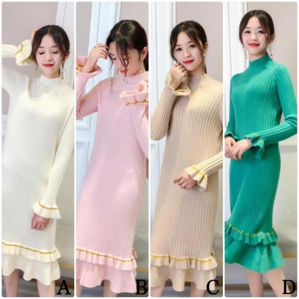 レディース　ワンピース　ニットワンピ　長袖　ハイネック　フレアスリーブ　ミディ丈　秋　冬　カジュアル　キュート　可愛い　フェミニン　きれいめ　上品　エレガント　おしゃれ　お出かけ　お呼ばれ　ベージュ　ピンク　グリーン　ホワイト　フリーサイズ　送料無料