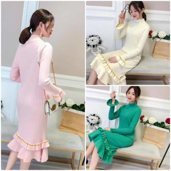 レディース　ワンピース　ニットワンピ　長袖　ハイネック　フレアスリーブ　ミディ丈　秋　冬　カジュアル　キュート　可愛い　フェミニン　きれいめ　上品　エレガント　おしゃれ　お出かけ　お呼ばれ　ベージュ　ピンク　グリーン　ホワイト　フリーサイズ　送料無料