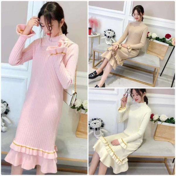 レディース　ワンピース　ニットワンピ　長袖　ハイネック　フレアスリーブ　ミディ丈　秋　冬　カジュアル　キュート　可愛い　フェミニン　きれいめ　上品　エレガント　おしゃれ　お出かけ　お呼ばれ　ベージュ　ピンク　グリーン　ホワイト　フリーサイズ　送料無料