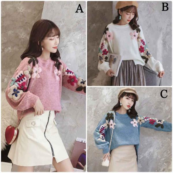 レディース　ニット　クルーネック　花柄　セーター　長袖　プルオーバー　ゆったり　あったか　トップス　秋　冬　カジュアル　キュート　大人　可愛い　大人女子　フェミニン　おしゃれ　お出かけ　オフィス　デイリー　ブルー　ピンク　ホワイト　フリーサイズ　送料無料