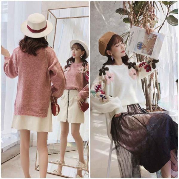 レディース　ニット　クルーネック　花柄　セーター　長袖　プルオーバー　ゆったり　あったか　トップス　秋　冬　カジュアル　キュート　大人　可愛い　大人女子　フェミニン　おしゃれ　お出かけ　オフィス　デイリー　ブルー　ピンク　ホワイト　フリーサイズ　送料無料