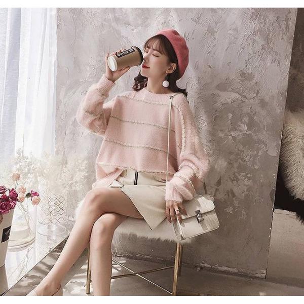 レディース　ニット　クルーネック　ボーダー　セーター　長袖　プルオーバー　ゆったり　あったか　トップス　秋　冬　カジュアル　キュート　大人　可愛い　大人女子　フェミニン　おしゃれ　お出かけ　オフィス　デイリー　ピンク　ホワイト　フリーサイズ　送料無料