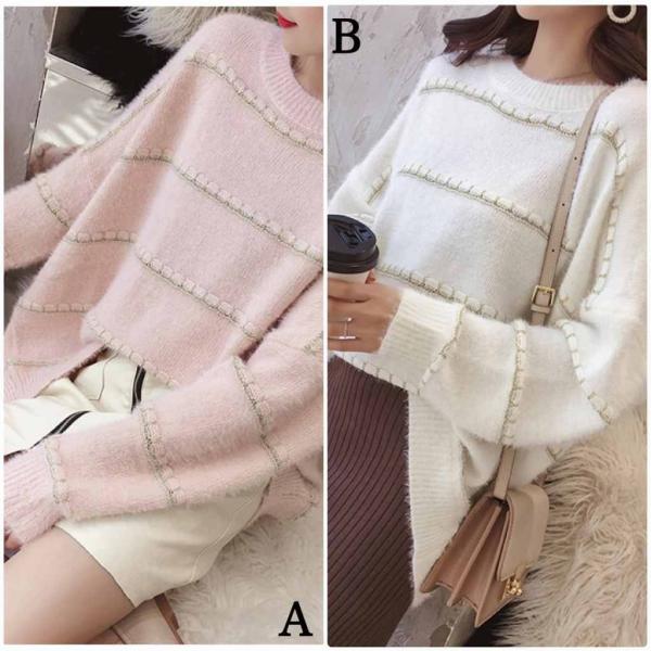 レディース　ニット　クルーネック　ボーダー　セーター　長袖　プルオーバー　ゆったり　あったか　トップス　秋　冬　カジュアル　キュート　大人　可愛い　大人女子　フェミニン　おしゃれ　お出かけ　オフィス　デイリー　ピンク　ホワイト　フリーサイズ　送料無料