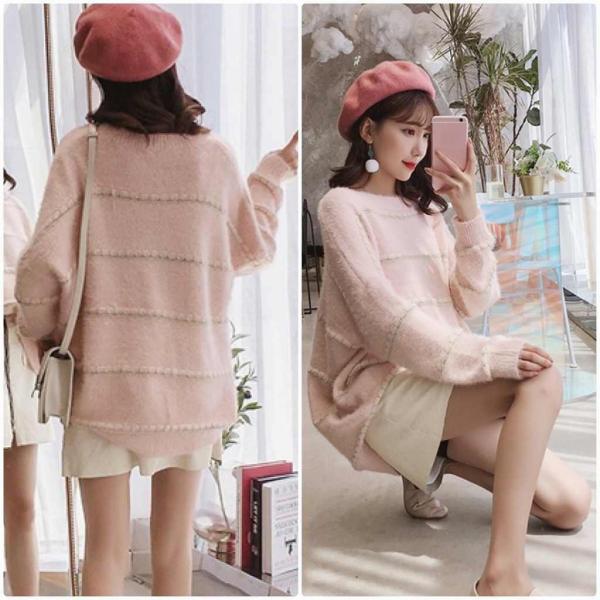 レディース　ニット　クルーネック　ボーダー　セーター　長袖　プルオーバー　ゆったり　あったか　トップス　秋　冬　カジュアル　キュート　大人　可愛い　大人女子　フェミニン　おしゃれ　お出かけ　オフィス　デイリー　ピンク　ホワイト　フリーサイズ　送料無料