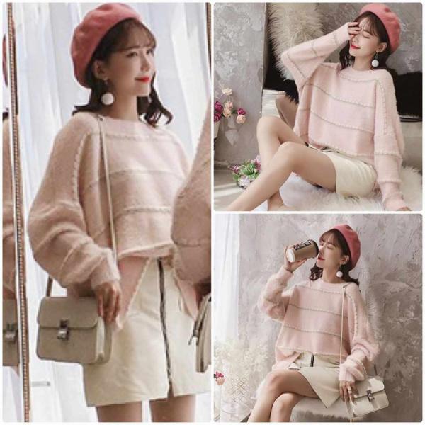 レディース　ニット　クルーネック　ボーダー　セーター　長袖　プルオーバー　ゆったり　あったか　トップス　秋　冬　カジュアル　キュート　大人　可愛い　大人女子　フェミニン　おしゃれ　お出かけ　オフィス　デイリー　ピンク　ホワイト　フリーサイズ　送料無料