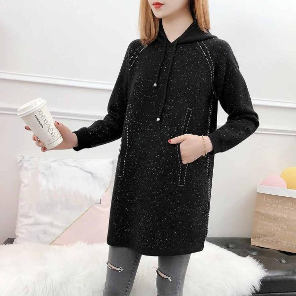 レディース　ニット　フード付き　ロング丈　セーター　長袖　プルオーバー　ゆったり　あったか　トップス　秋　冬　カジュアル　キュート　大人　可愛い　大人女子　フェミニン　おしゃれ　お出かけ　オフィス　デイリー　ブラック　ベージュ　フリーサイズ　送料無料