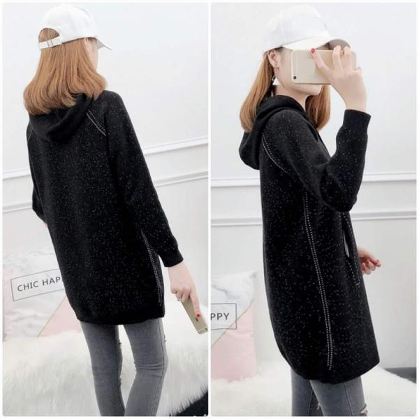 レディース　ニット　フード付き　ロング丈　セーター　長袖　プルオーバー　ゆったり　あったか　トップス　秋　冬　カジュアル　キュート　大人　可愛い　大人女子　フェミニン　おしゃれ　お出かけ　オフィス　デイリー　ブラック　ベージュ　フリーサイズ　送料無料