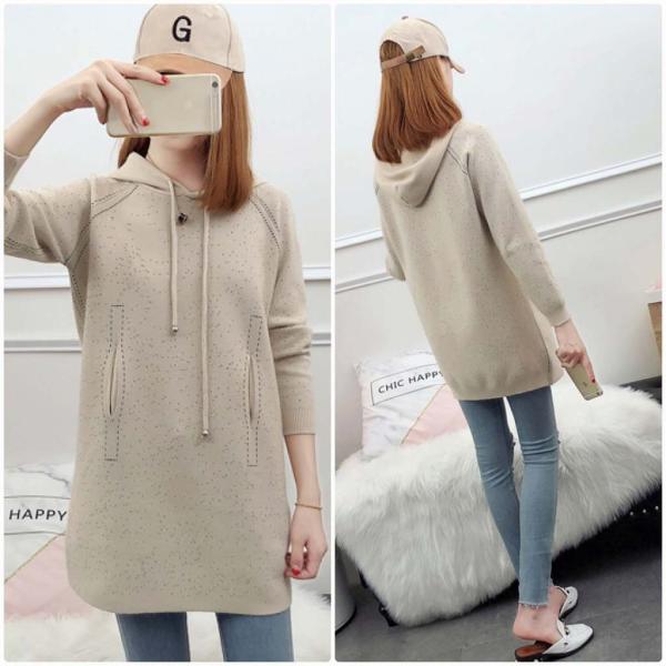 レディース　ニット　フード付き　ロング丈　セーター　長袖　プルオーバー　ゆったり　あったか　トップス　秋　冬　カジュアル　キュート　大人　可愛い　大人女子　フェミニン　おしゃれ　お出かけ　オフィス　デイリー　ブラック　ベージュ　フリーサイズ　送料無料