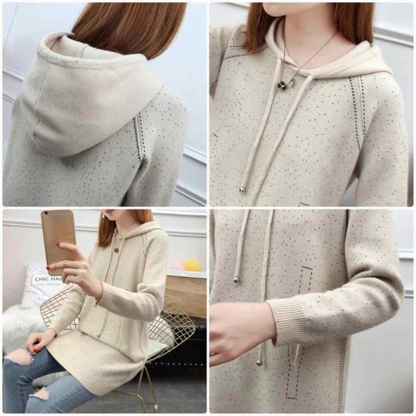 レディース　ニット　フード付き　ロング丈　セーター　長袖　プルオーバー　ゆったり　あったか　トップス　秋　冬　カジュアル　キュート　大人　可愛い　大人女子　フェミニン　おしゃれ　お出かけ　オフィス　デイリー　ブラック　ベージュ　フリーサイズ　送料無料