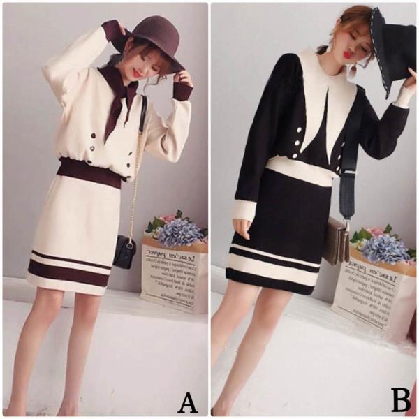 レディース　上下2点セット　ニット　セーター　ニットスカート　ミニ丈　首元リボン　あったか　長袖　カジュアル　キュート　可愛い　フェミニン　きれいめ　上品　エレガント　おしゃれ　お出かけ　オフィス　お呼ばれ　ブラック　レッド　ホワイト　送料無料