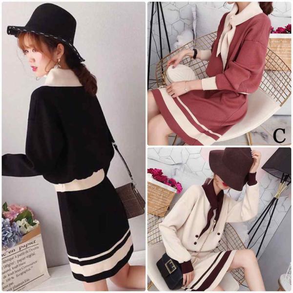 レディース　上下2点セット　ニット　セーター　ニットスカート　ミニ丈　首元リボン　あったか　長袖　カジュアル　キュート　可愛い　フェミニン　きれいめ　上品　エレガント　おしゃれ　お出かけ　オフィス　お呼ばれ　ブラック　レッド　ホワイト　送料無料