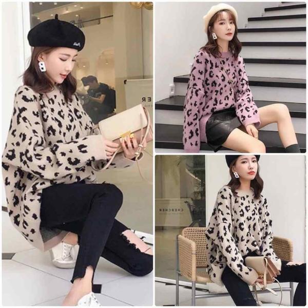 レディース　ニット　ヒョウ柄　ラウンドネック　セーター　長袖　プルオーバー　ゆったり　あったか　トップス　秋　冬　カジュアル　キュート　大人　可愛い　大人女子　フェミニン　おしゃれ　お出かけ　オフィス　カーキ　パープル　ブラック　ネイビー　送料無料