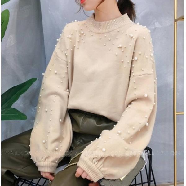 レディース　ニット　ビーズ　セーター　長袖　プルオーバー　パフスリーブ　ゆったり　あったか　トップス　秋　冬　カジュアル　キュート　大人　可愛い　大人女子　フェミニン　おしゃれ　お出かけ　オフィス　デイリー　カーキ　ブルー　フリーサイズ　送料無料