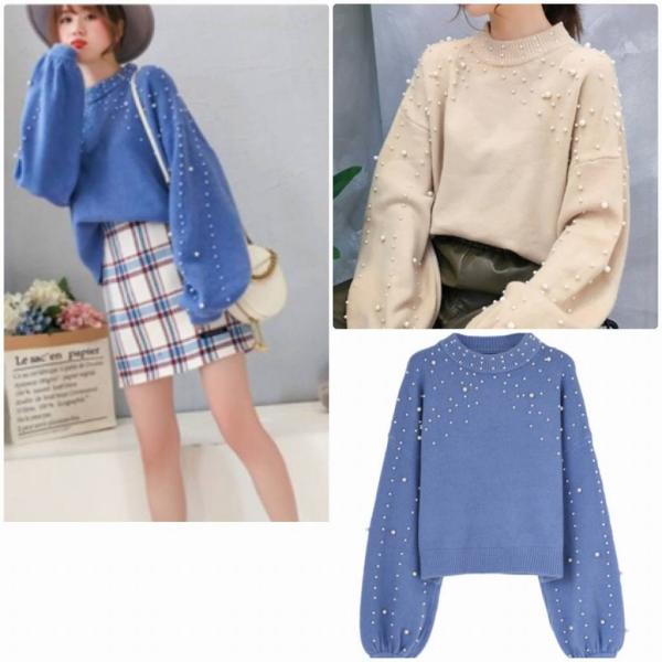 レディース　ニット　ビーズ　セーター　長袖　プルオーバー　パフスリーブ　ゆったり　あったか　トップス　秋　冬　カジュアル　キュート　大人　可愛い　大人女子　フェミニン　おしゃれ　お出かけ　オフィス　デイリー　カーキ　ブルー　フリーサイズ　送料無料