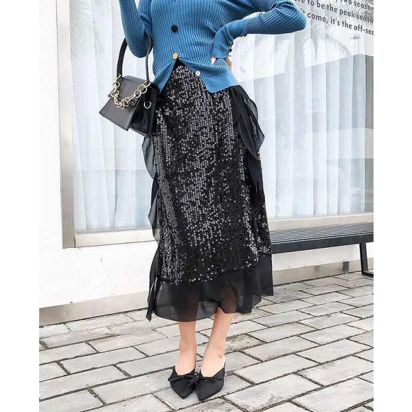 レディース　スカート　ハイウエスト　スパンコール　レース　透け感　透け素材　ミモレ丈　秋　冬　ボトムス　カジュアル　キュート　大人　可愛い　フェミニン　きれいめ　おしゃれ　お出かけ　デイリー　二次会　お呼ばれ　ブラック　S　M　L　XL　サイズ　送料無料