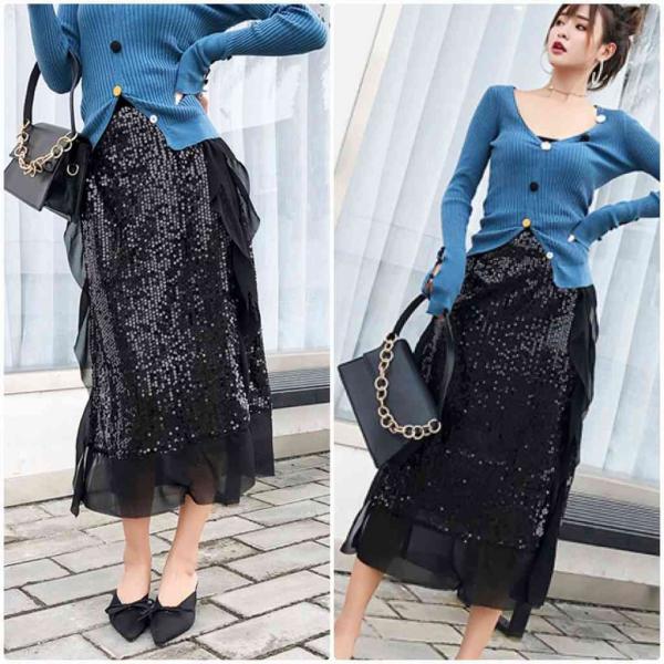 レディース　スカート　ハイウエスト　スパンコール　レース　透け感　透け素材　ミモレ丈　秋　冬　ボトムス　カジュアル　キュート　大人　可愛い　フェミニン　きれいめ　おしゃれ　お出かけ　デイリー　二次会　お呼ばれ　ブラック　S　M　L　XL　サイズ　送料無料