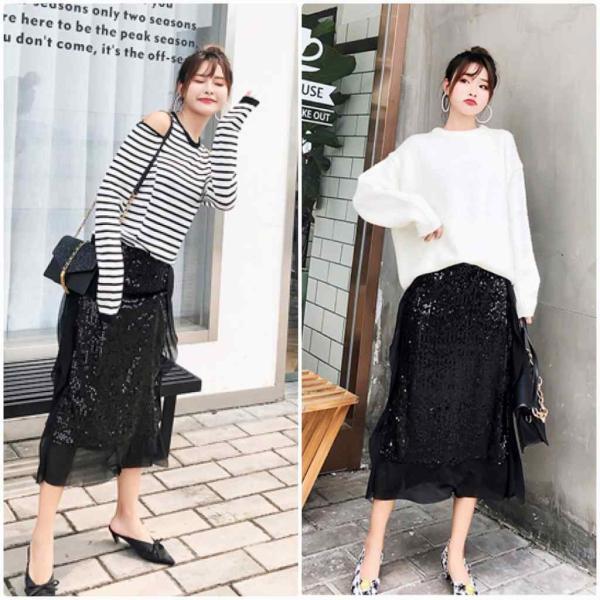 レディース　スカート　ハイウエスト　スパンコール　レース　透け感　透け素材　ミモレ丈　秋　冬　ボトムス　カジュアル　キュート　大人　可愛い　フェミニン　きれいめ　おしゃれ　お出かけ　デイリー　二次会　お呼ばれ　ブラック　S　M　L　XL　サイズ　送料無料