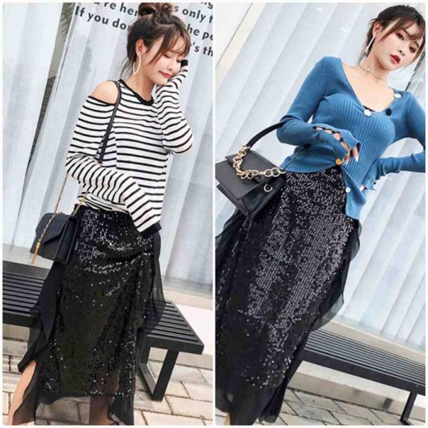 レディース　スカート　ハイウエスト　スパンコール　レース　透け感　透け素材　ミモレ丈　秋　冬　ボトムス　カジュアル　キュート　大人　可愛い　フェミニン　きれいめ　おしゃれ　お出かけ　デイリー　二次会　お呼ばれ　ブラック　S　M　L　XL　サイズ　送料無料