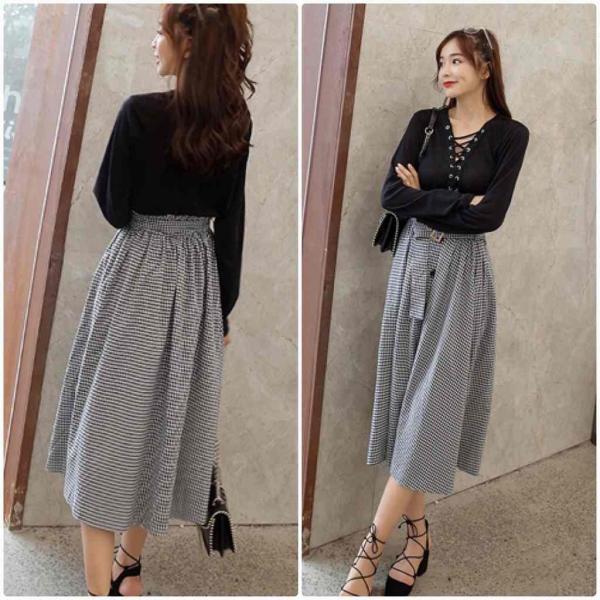 レディース　スカート　ハイウエスト　フレアスカート　チェック柄　ミモレ丈　秋　冬　ボトムス　カジュアル　キュート　大人　可愛い　フェミニン　きれいめ　おしゃれ　お出かけ　デイリー　二次会　お呼ばれ　ブラック　S　M　L　サイズ　送料無料