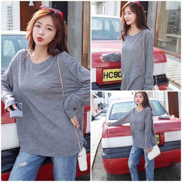 レディース　ロングTシャツ　ラウンドネック　長袖　無地　ゆったり　オーバーサイズ　シンプル　ロンT　トップス　カジュアル　キュート　大人　可愛い　フェミニン　おしゃれ　お出かけ　普段着　デイリー　グレー　S　M　L　サイズ 　送料無料