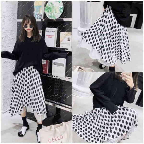レディース　スカート　レイヤード　ドット　水玉　ハイウエスト　ミモレ丈　秋　冬　ボトムス　カジュアル　キュート　大人　可愛い　フェミニン　きれいめ　おしゃれ　お出かけ　デイリー　二次会　お呼ばれ　ホワイト×ブラック　S　M　L　XL　サイズ　送料無料