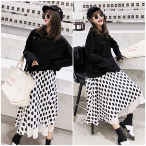 レディース　スカート　レイヤード　ドット　水玉　ハイウエスト　ミモレ丈　秋　冬　ボトムス　カジュアル　キュート　大人　可愛い　フェミニン　きれいめ　おしゃれ　お出かけ　デイリー　二次会　お呼ばれ　ホワイト×ブラック　S　M　L　XL　サイズ　送料無料