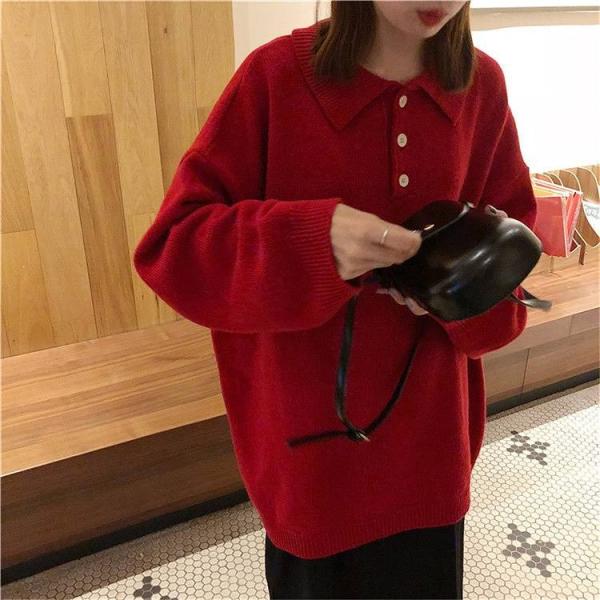 レディース　トップス　ニット　セーター　ヘンリーネック　ルーズ　無地　長袖　ゆったり　秋冬　カジュアル　大人可愛い　フェミニン　お出かけ　デート　デイリー　レッド　ブラック　グレー　フリーサイズ　送料無料