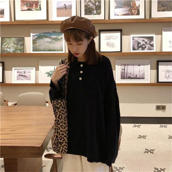 レディース　トップス　ニット　セーター　ヘンリーネック　ルーズ　無地　長袖　ゆったり　秋冬　カジュアル　大人可愛い　フェミニン　お出かけ　デート　デイリー　レッド　ブラック　グレー　フリーサイズ　送料無料