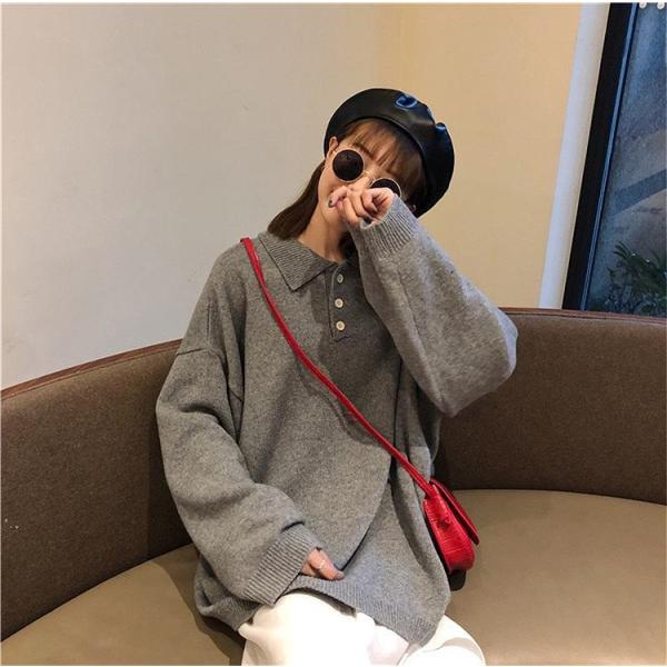 レディース　トップス　ニット　セーター　ヘンリーネック　ルーズ　無地　長袖　ゆったり　秋冬　カジュアル　大人可愛い　フェミニン　お出かけ　デート　デイリー　レッド　ブラック　グレー　フリーサイズ　送料無料