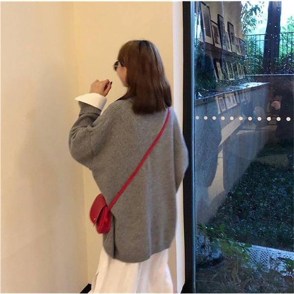 レディース　トップス　ニット　セーター　ヘンリーネック　ルーズ　無地　長袖　ゆったり　秋冬　カジュアル　大人可愛い　フェミニン　お出かけ　デート　デイリー　レッド　ブラック　グレー　フリーサイズ　送料無料