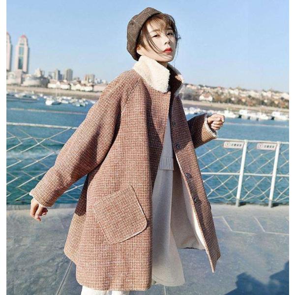 レディース　アウター　ジャケット　ミディアム丈　ボア　スタンドネック　チェック　長袖　ゆったり　秋冬　カジュアル　大人可愛い　フェミニン　通勤　通学　お出かけ　デート　デイリー　ブラウン　S　M　L　XL　送料無料