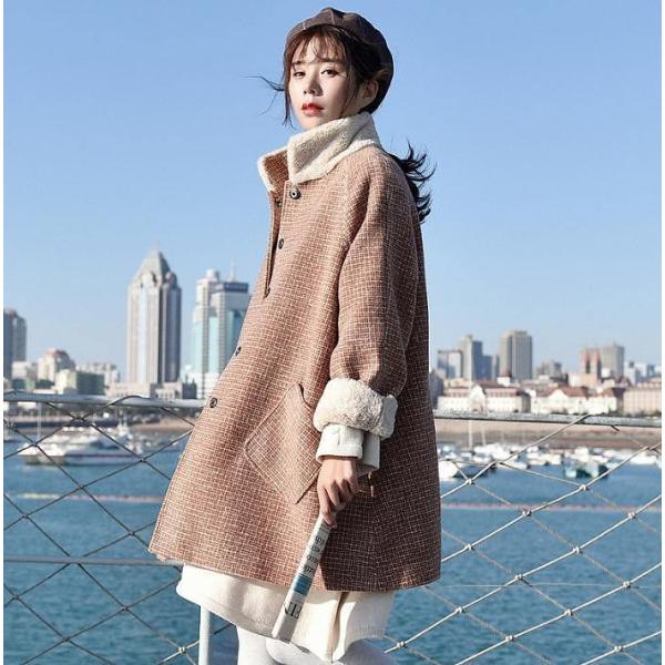 レディース　アウター　ジャケット　ミディアム丈　ボア　スタンドネック　チェック　長袖　ゆったり　秋冬　カジュアル　大人可愛い　フェミニン　通勤　通学　お出かけ　デート　デイリー　ブラウン　S　M　L　XL　送料無料