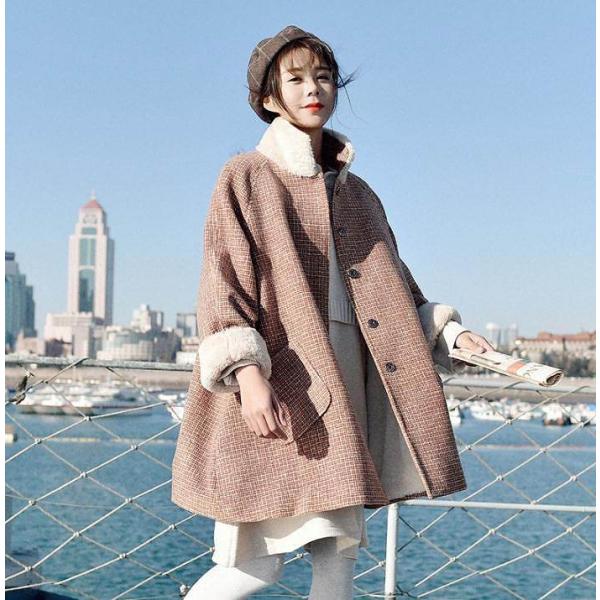 レディース　アウター　ジャケット　ミディアム丈　ボア　スタンドネック　チェック　長袖　ゆったり　秋冬　カジュアル　大人可愛い　フェミニン　通勤　通学　お出かけ　デート　デイリー　ブラウン　S　M　L　XL　送料無料