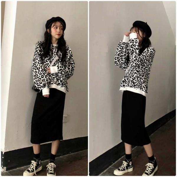 レディース　上下別売り　ヒョウ柄　スウェット　スカート　ミディ丈　ミモレ丈　ハイウエスト　ゆったり　オーバーサイズ　長袖　カジュアル　キュート　可愛い　フェミニン　きれいめ　上品　エレガント　おしゃれ　お出かけ　ブラック　フリーサイズ　送料無料