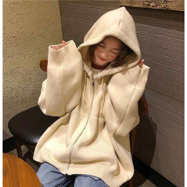 レディース　ニット　パーカー　ジップアップ　セーター　長袖　あったか　ゆったり　オーバーサイズ　トップス　秋　冬　カジュアル　キュート　大人　可愛い　大人女子　フェミニン　おしゃれ　お出かけ　オフィス　デイリー　ホワイト　パープル　フリーサイズ　送料無料