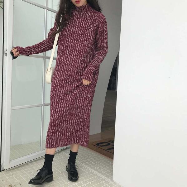 レディース　ワンピース　ニットワンピ　ハイネック　長袖　ニット　ミモレ丈　ゆったり　オーバーサイズ　秋　冬　カジュアル　キュート　可愛い　フェミニン　きれいめ　上品　エレガント　おしゃれ　お出かけ　お呼ばれ　ブラック　レッド　フリーサイズ　送料無料
