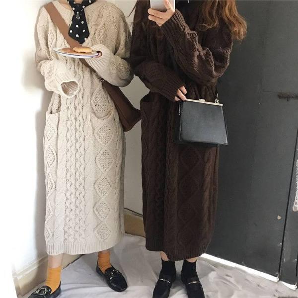 レディース　ワンピース　ニットワンピ　ケーブルニット　長袖　ニット　ミモレ丈　ゆったり　オーバーサイズ　秋　冬　カジュアル　キュート　可愛い　フェミニン　きれいめ　上品　エレガント　おしゃれ　お出かけ　お呼ばれ　ブラウン　ホワイト　フリーサイズ　送料無料