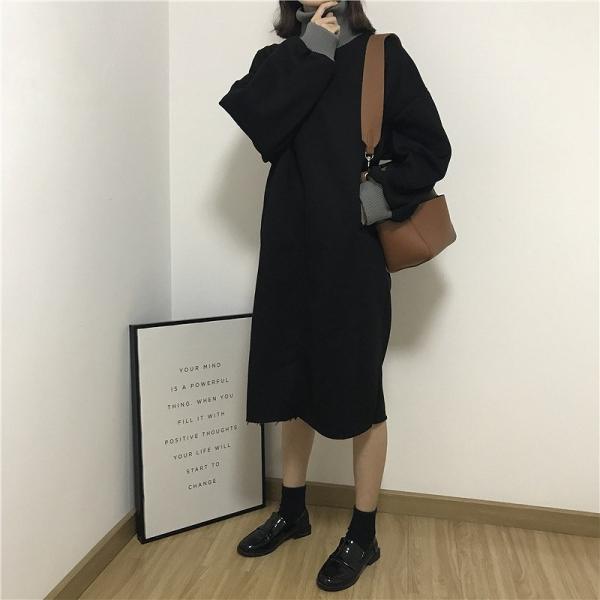 レディース　ワンピース　スウェットワンピ　ハイネック　首リブ　長袖　ミディ丈　ミモレ丈　ゆったり　オーバーサイズ　秋　冬　カジュアル　キュート　可愛い　フェミニン　きれいめ　上品　エレガント　おしゃれ　お出かけ　ブラック　グレー　フリーサイズ　送料無料