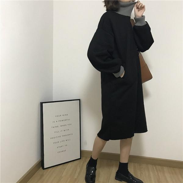 レディース　ワンピース　スウェットワンピ　ハイネック　首リブ　長袖　ミディ丈　ミモレ丈　ゆったり　オーバーサイズ　秋　冬　カジュアル　キュート　可愛い　フェミニン　きれいめ　上品　エレガント　おしゃれ　お出かけ　ブラック　グレー　フリーサイズ　送料無料