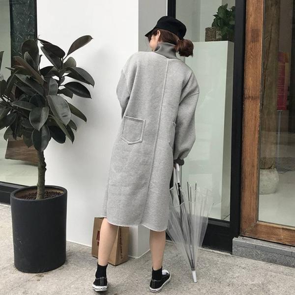 レディース　ワンピース　スウェットワンピ　ハイネック　首リブ　長袖　ミディ丈　ミモレ丈　ゆったり　オーバーサイズ　秋　冬　カジュアル　キュート　可愛い　フェミニン　きれいめ　上品　エレガント　おしゃれ　お出かけ　ブラック　グレー　フリーサイズ　送料無料