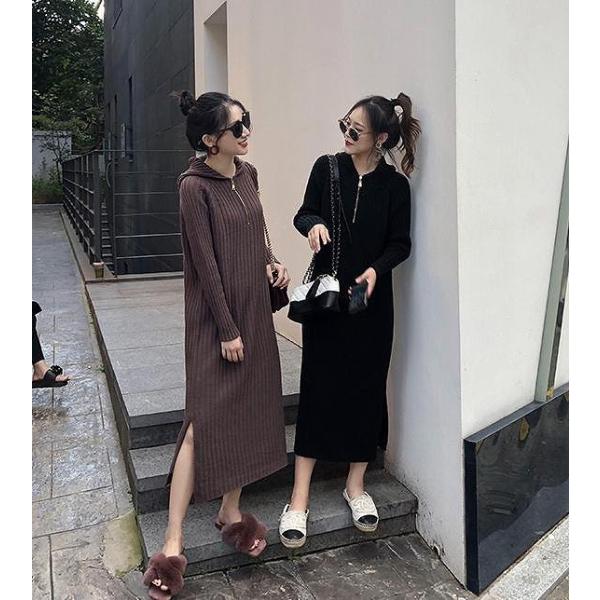レディース　ワンピース　リブニットワンピ　フード付き　長袖　ミディ丈　ミモレ丈　ゆったり　オーバーサイズ　秋　冬　カジュアル　キュート　大人女子　可愛い　フェミニン　きれいめ　上品　おしゃれ　お出かけ　ブルー　ブラック　ブラウン　フリーサイズ　送料無料