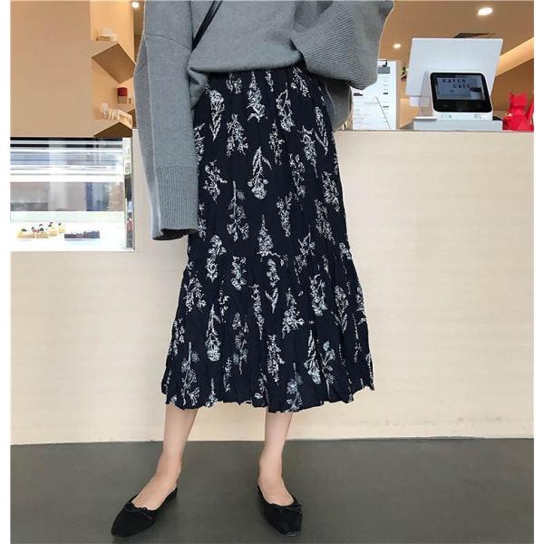 レディース　ハイウエスト　ロングスカート　フレア　花柄　ボタニカル柄　ミモレ丈　秋　冬　ボトムス　カジュアル　キュート　大人　可愛い　フェミニン　きれいめ　おしゃれ　お出かけ　デイリー　二次会　お呼ばれ　ベージュ　ブラック　フリーサイズ　送料無料