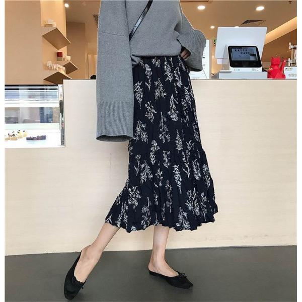 レディース　ハイウエスト　ロングスカート　フレア　花柄　ボタニカル柄　ミモレ丈　秋　冬　ボトムス　カジュアル　キュート　大人　可愛い　フェミニン　きれいめ　おしゃれ　お出かけ　デイリー　二次会　お呼ばれ　ベージュ　ブラック　フリーサイズ　送料無料
