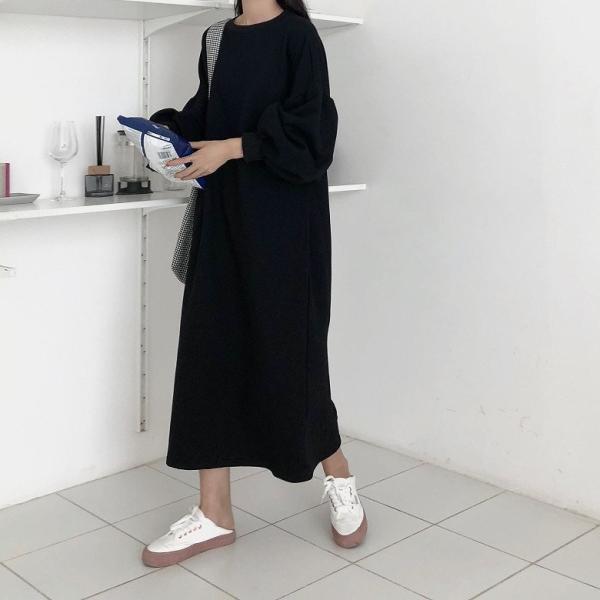 レディース　ワンピース　スウェットワンピ　パフスリーブ　長袖　ミモレ丈　ゆったり　オーバーサイズ　秋　冬　カジュアル　キュート　大人女子　可愛い　フェミニン　きれいめ　上品　おしゃれ　お出かけ　グレー　パープル　ブラック　フリーサイズ　送料無料