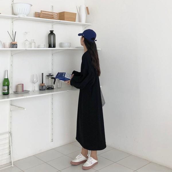 レディース　ワンピース　スウェットワンピ　パフスリーブ　長袖　ミモレ丈　ゆったり　オーバーサイズ　秋　冬　カジュアル　キュート　大人女子　可愛い　フェミニン　きれいめ　上品　おしゃれ　お出かけ　グレー　パープル　ブラック　フリーサイズ　送料無料