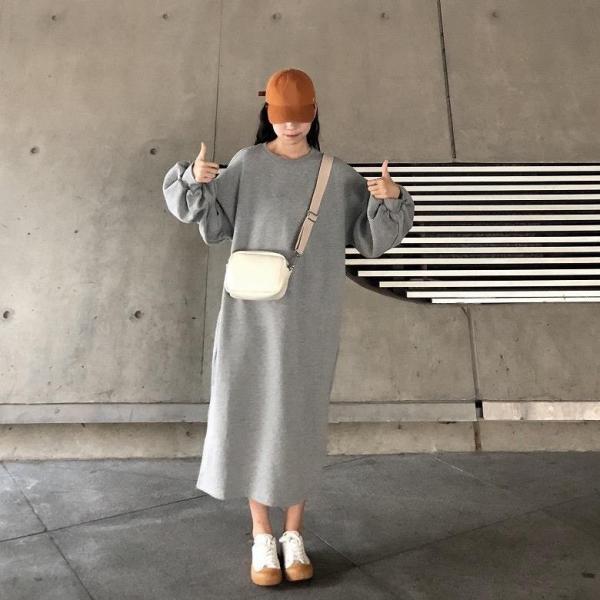 レディース　ワンピース　スウェットワンピ　パフスリーブ　長袖　ミモレ丈　ゆったり　オーバーサイズ　秋　冬　カジュアル　キュート　大人女子　可愛い　フェミニン　きれいめ　上品　おしゃれ　お出かけ　グレー　パープル　ブラック　フリーサイズ　送料無料