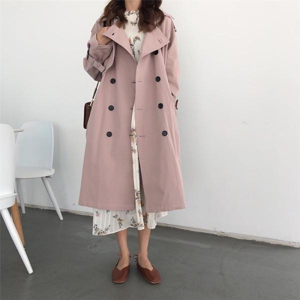 レディース　トレンチコート　ダブル　コート　アウター　秋　冬　カジュアル　キュート　大人　可愛い　大人女子　フェミニン　きれいめ　エレガント　おしゃれ　お出かけ　お呼ばれ　デイリー　オフィス　ベージュ　ピンク　フリーサイズ　送料無料